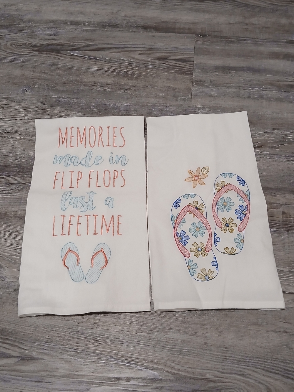 Set Of 2 Two White Embroidered Decorative Flip Flop Hand Kitchen Dish Towels